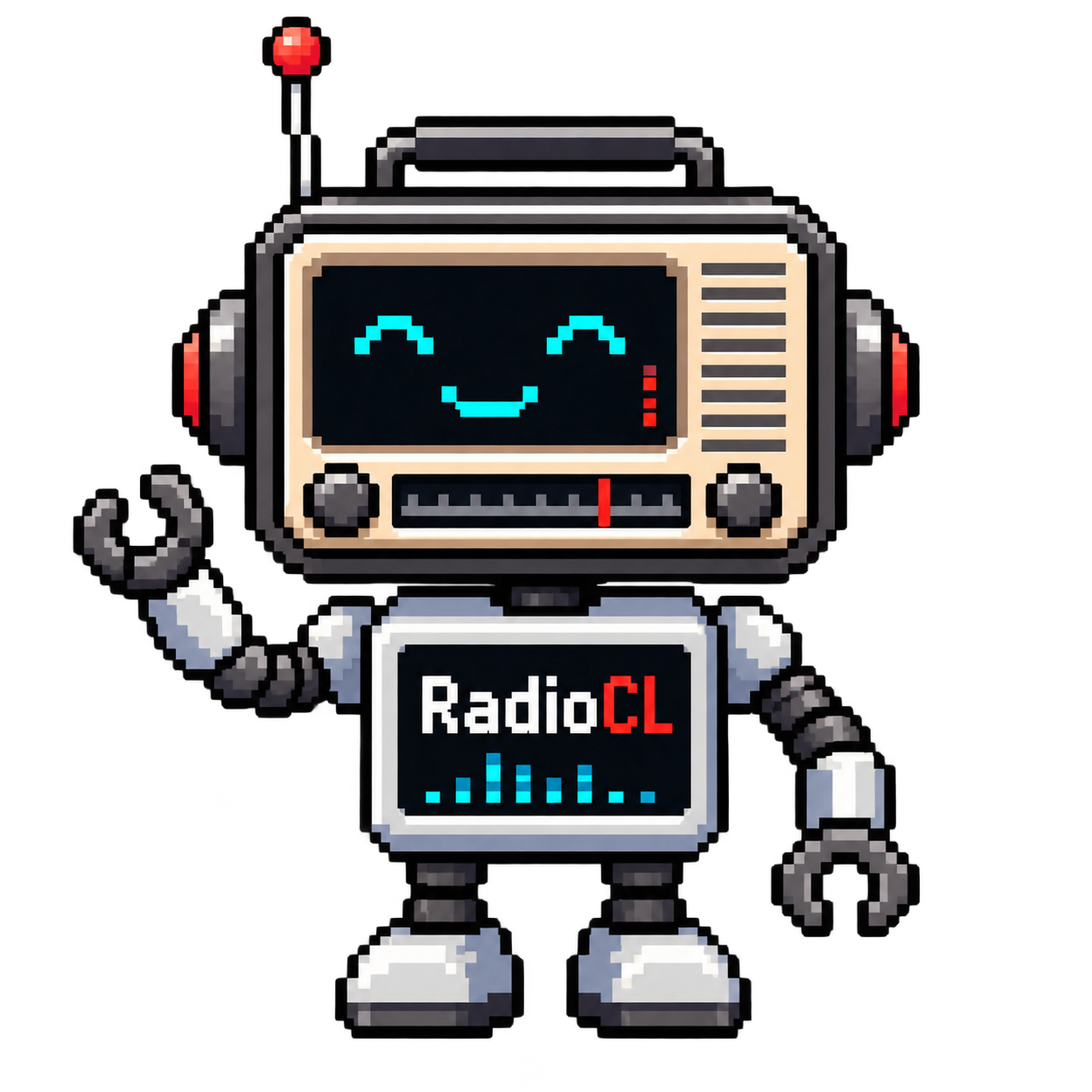 Mascota de radioCL, un robot pixel art con cabeza de radio antigua